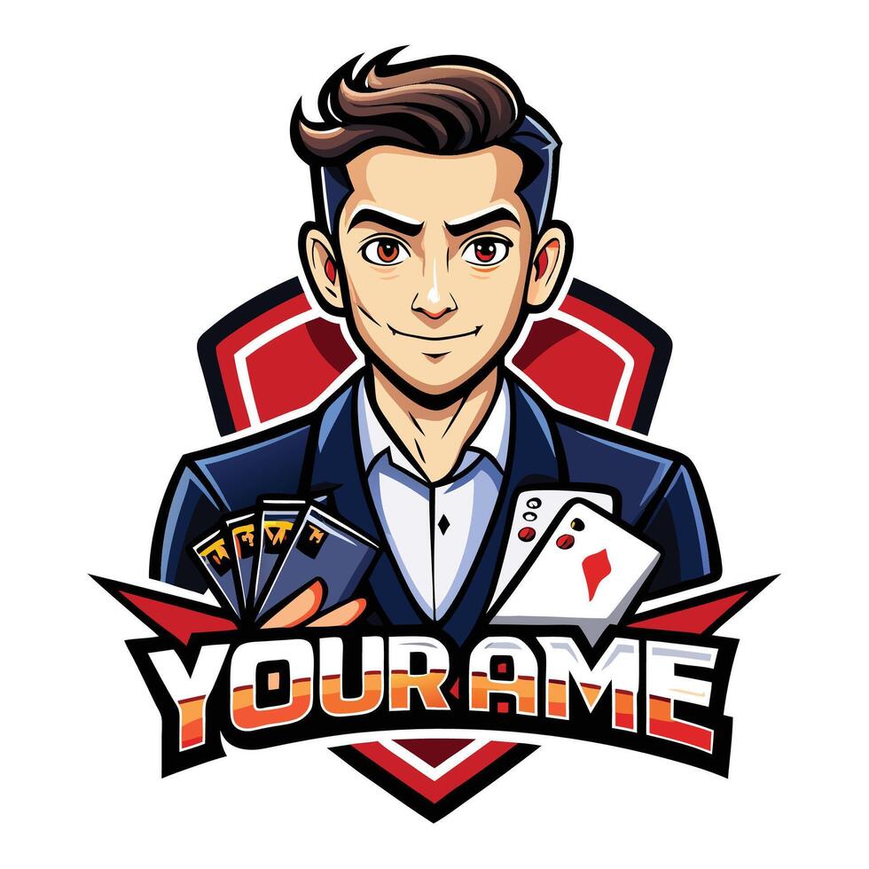 a man in a suit holding playing cards and a shield vector