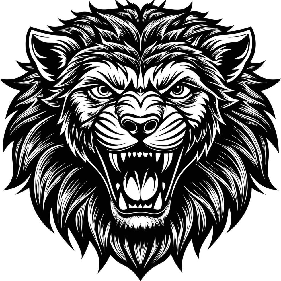 lion head with open mouth and fangs vector