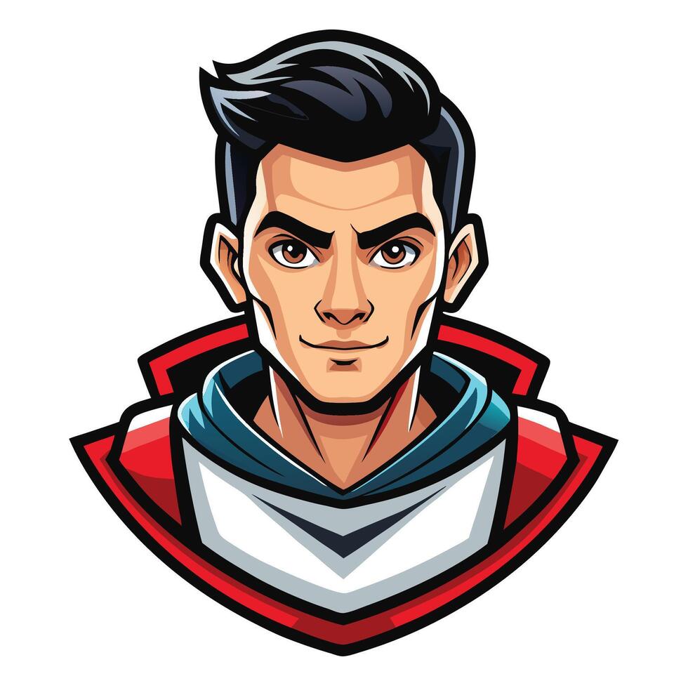 a man with a black hair and a red and white shirt vector