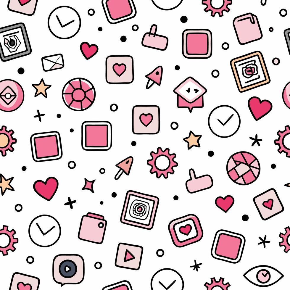 a pink and white pattern with various icons vector