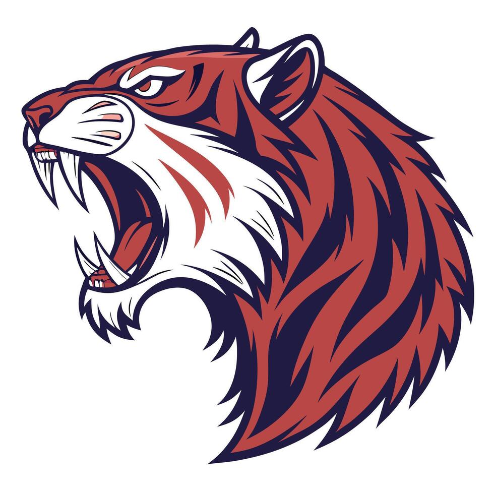the head of a tiger is shown in a red and blue color vector