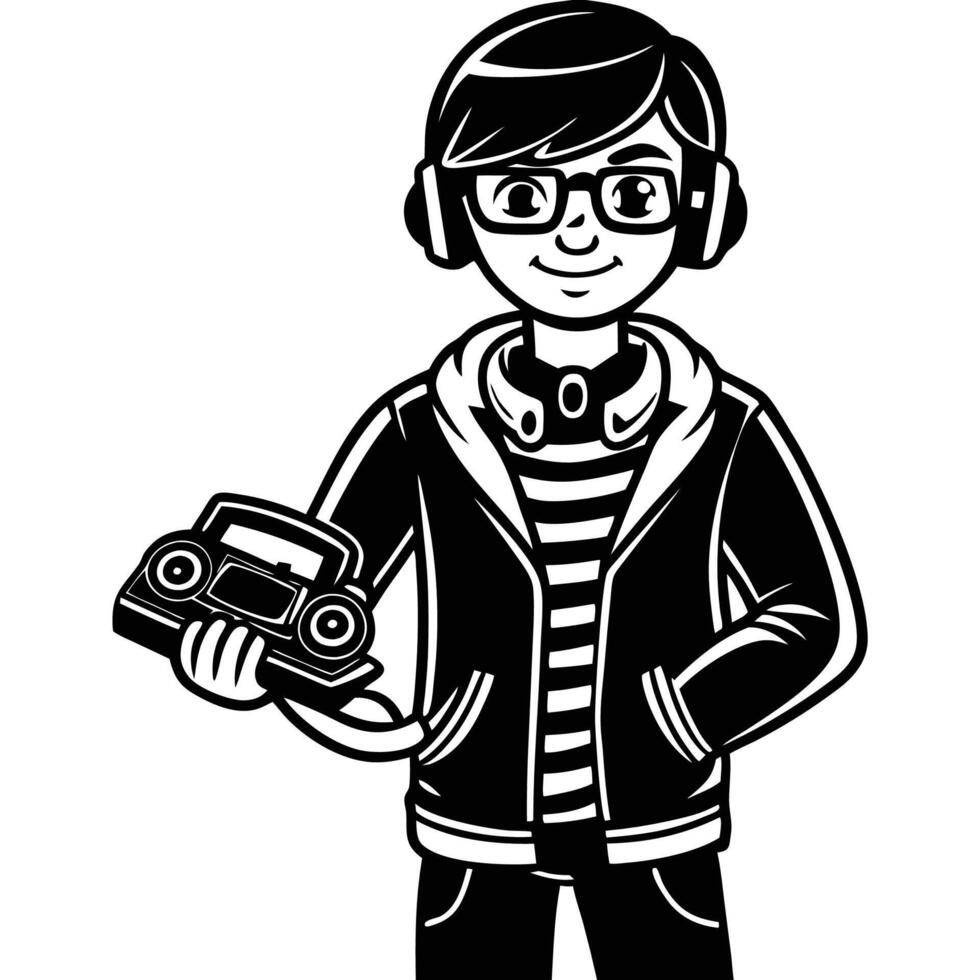 a cartoon boy with headphones and a cassette player vector