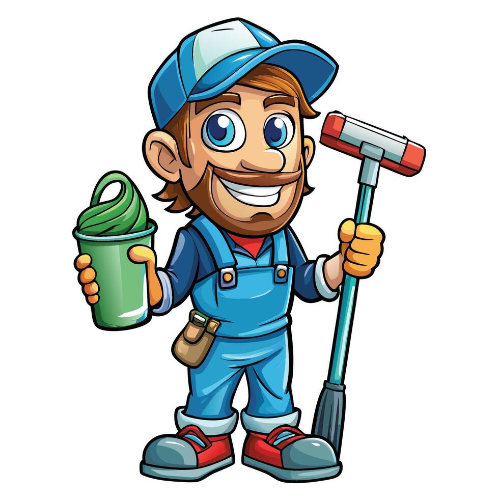 a cartoon man with a broom and a green cup vector