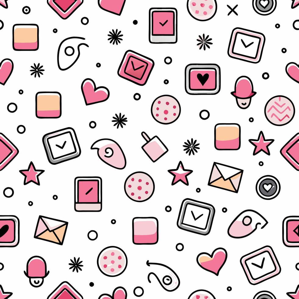 a pink and white pattern with icons and symbols vector