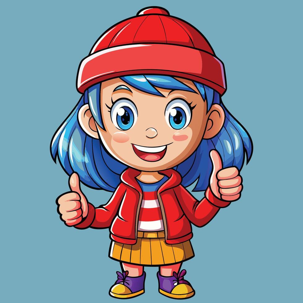 cartoon girl in red hat and red jacket giving thumbs up vector