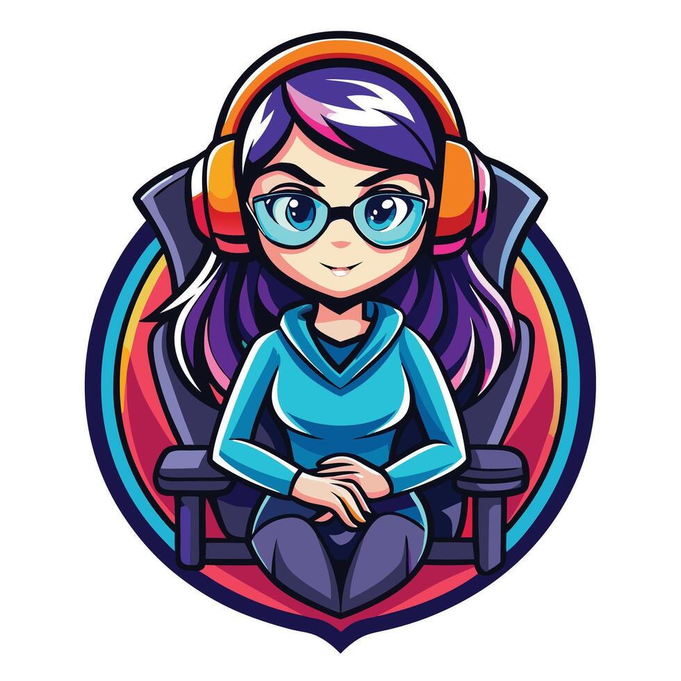 a cartoon girl with headphones and glasses sitting on a chair vector