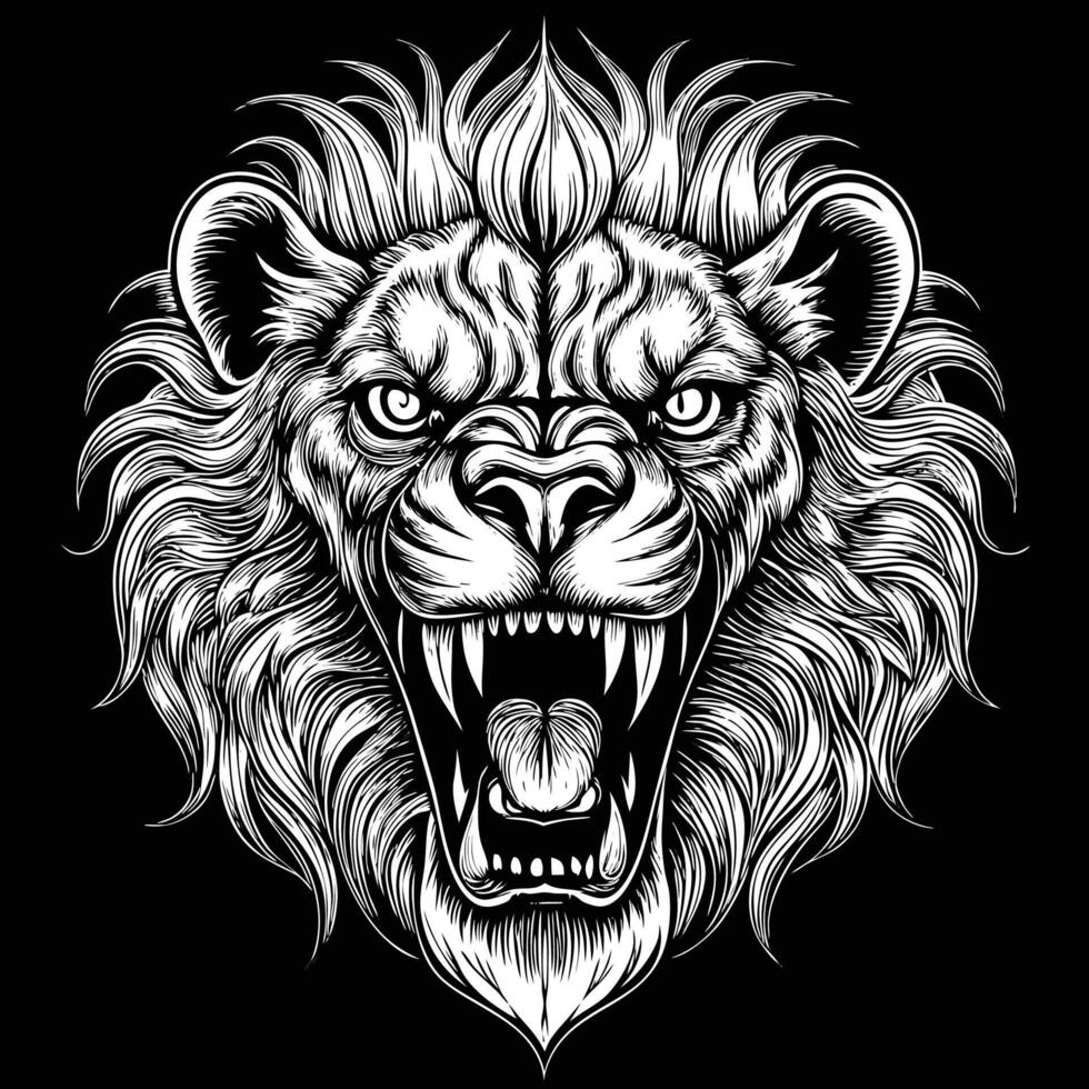 lion head with open mouth on black background vector