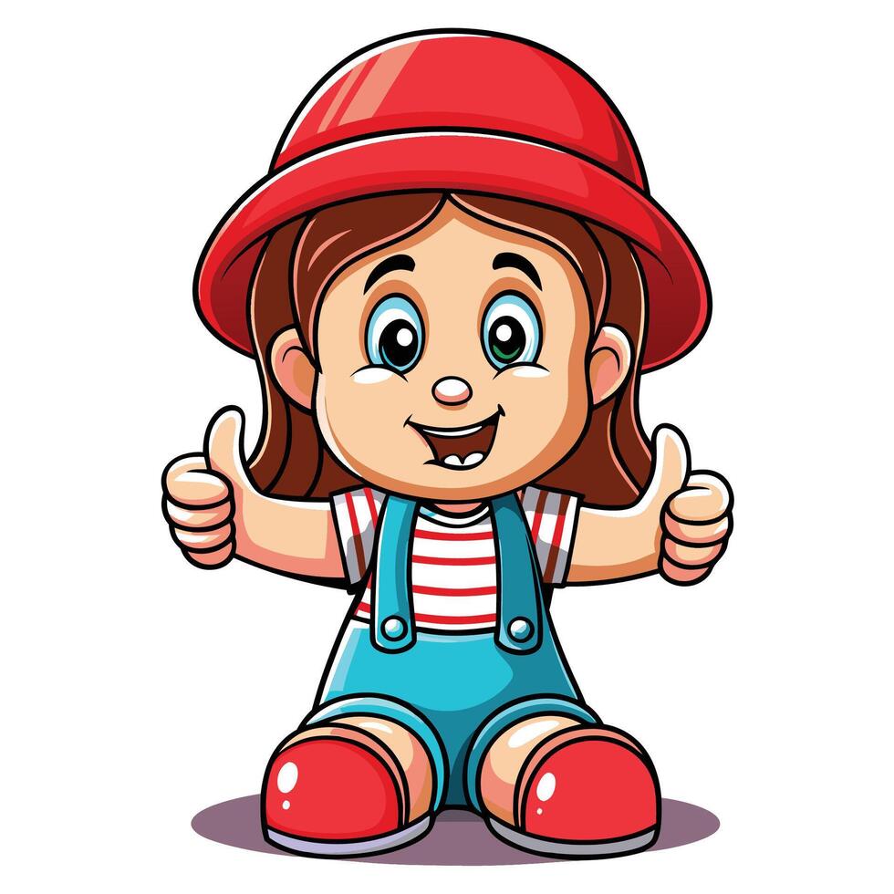 cartoon girl in red hat and overalls giving thumbs up vector