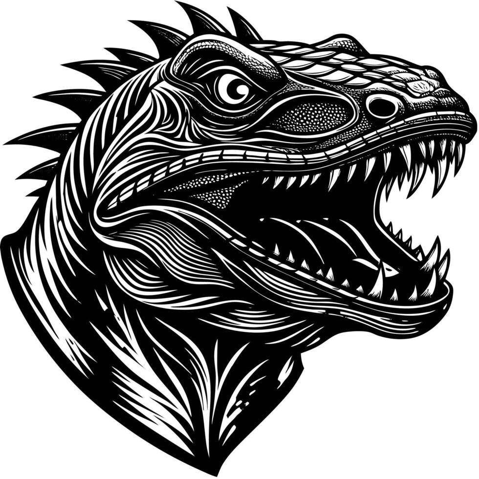 an illustration of a dinosaur head with a large mouth vector