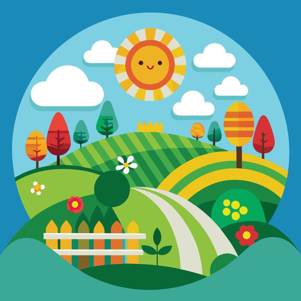 a cartoon illustration of a country road and trees vector