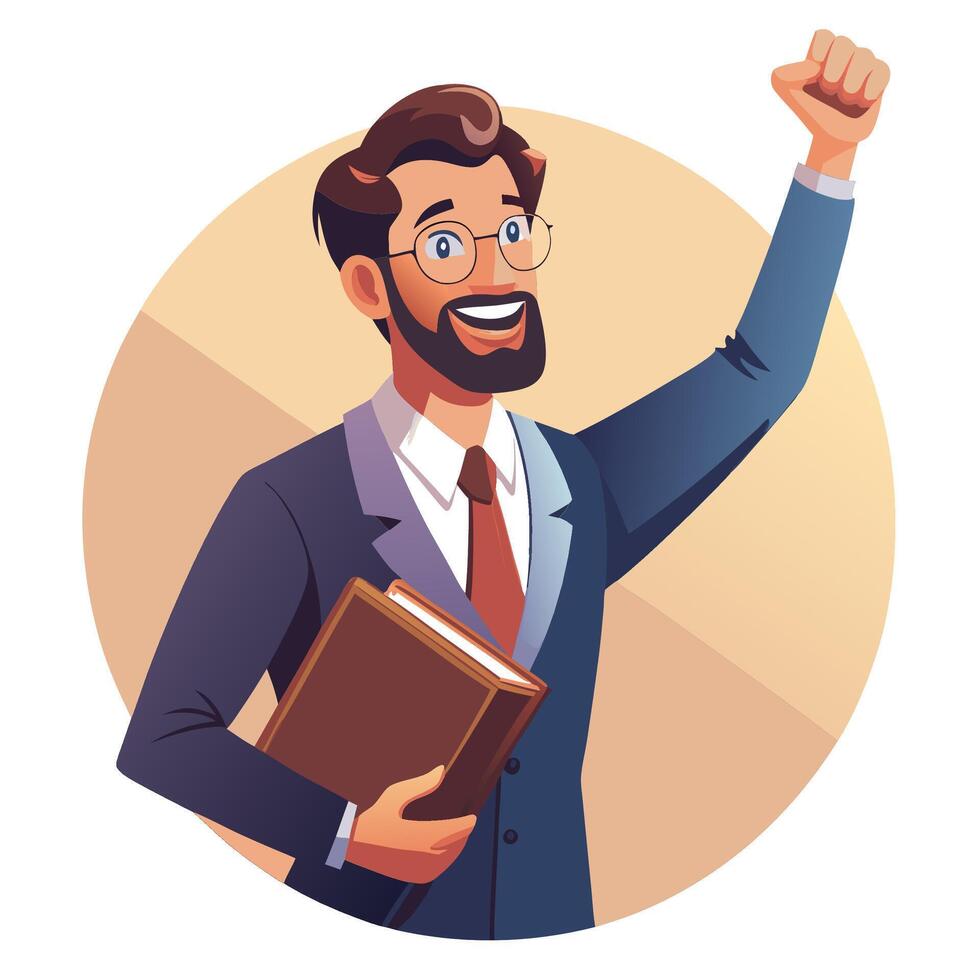 a man in a suit holding a book and raising his fist vector