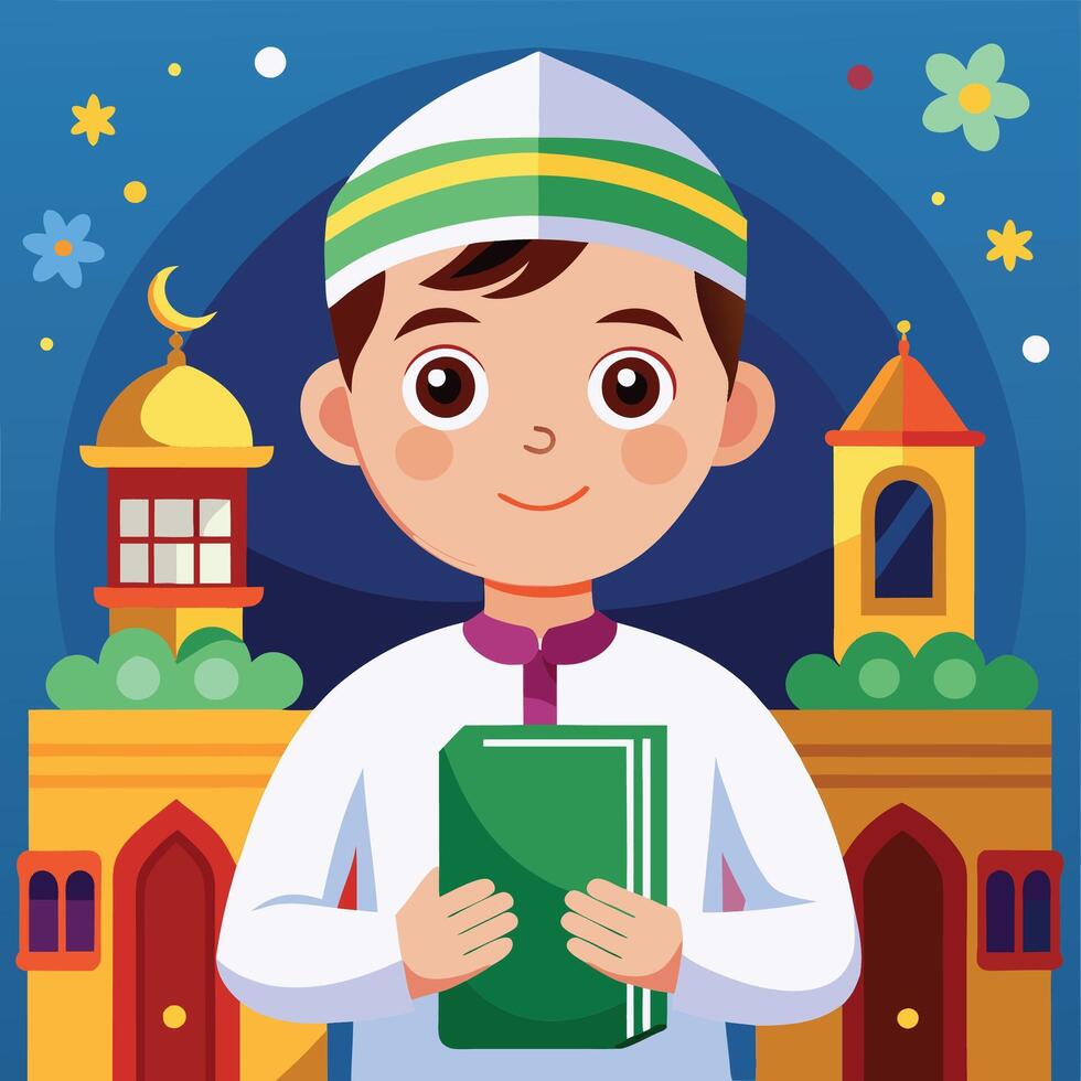 muslim boy holding a book and praying in front of mosque vector
