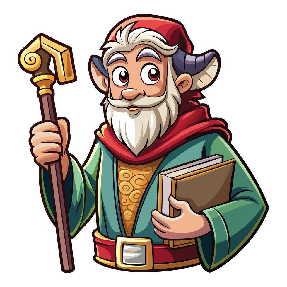 cartoon wizard holding a book and staff vector