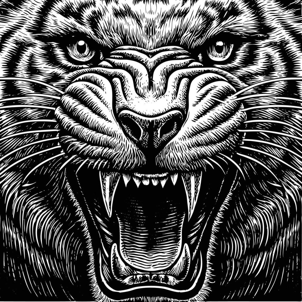 a black and white tiger head with its mouth open vector