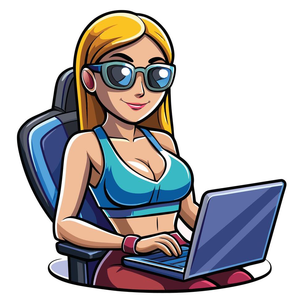 a woman in sunglasses sitting on a chair with a laptop vector