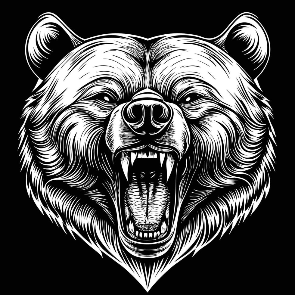 the head of a bear is shown in a black and white drawing vector