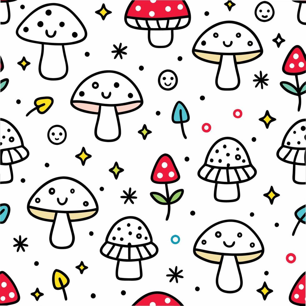a seamless pattern with mushrooms and stars vector