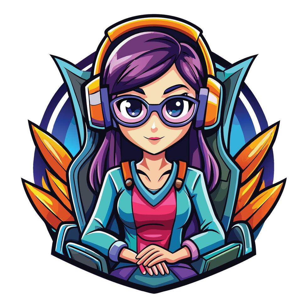 a girl with headphones and glasses sitting in a chair vector
