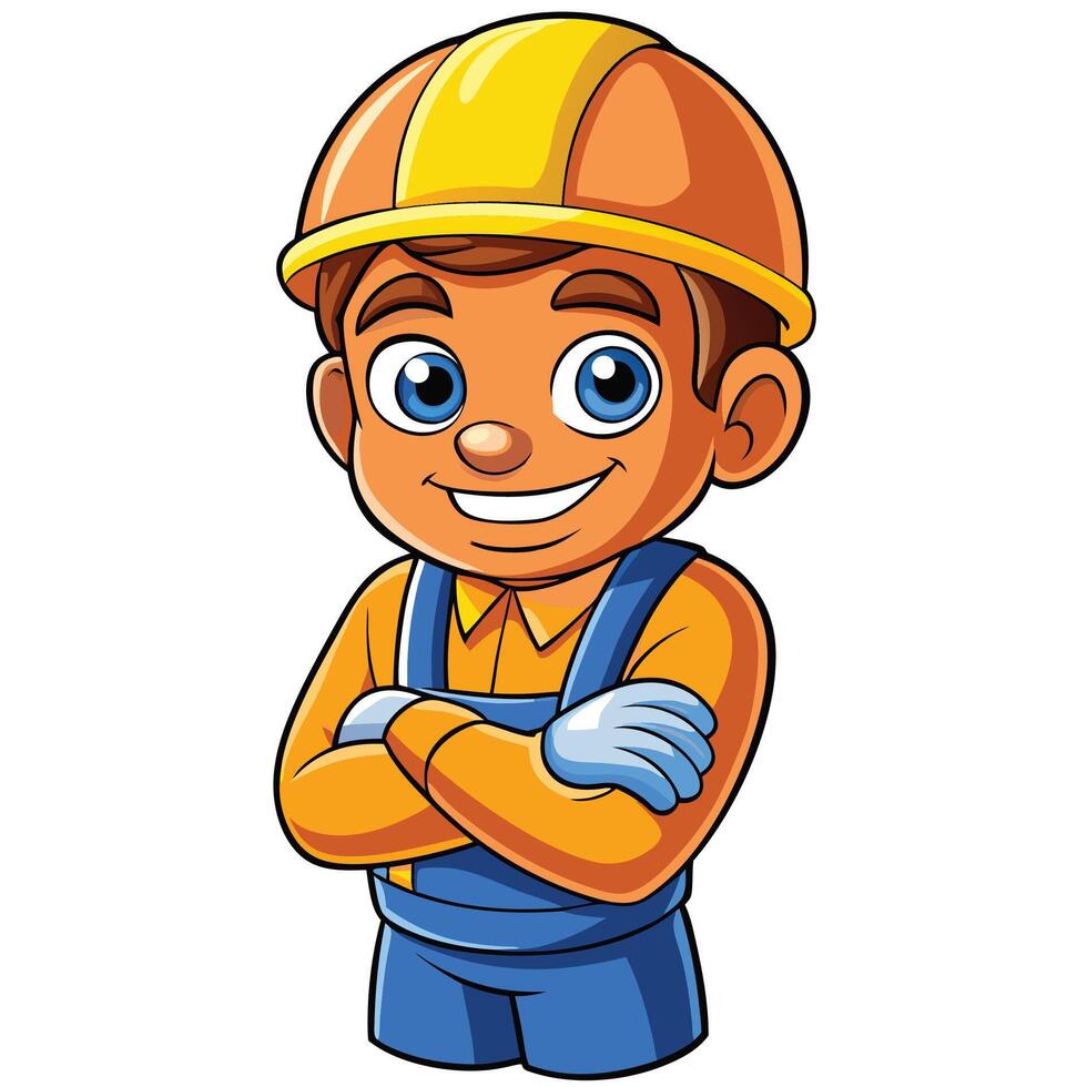 cartoon construction worker with arms crossed illustration vector