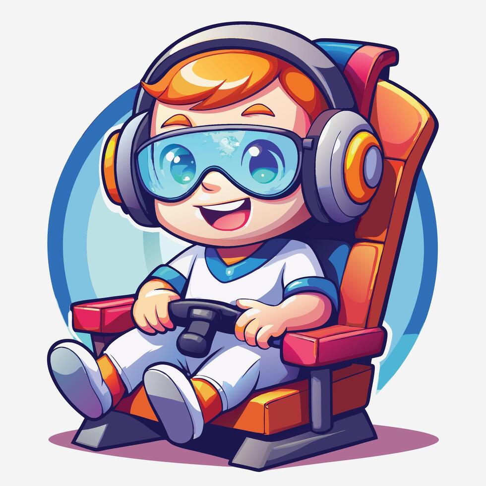 cartoon boy in a headset driving a car vector