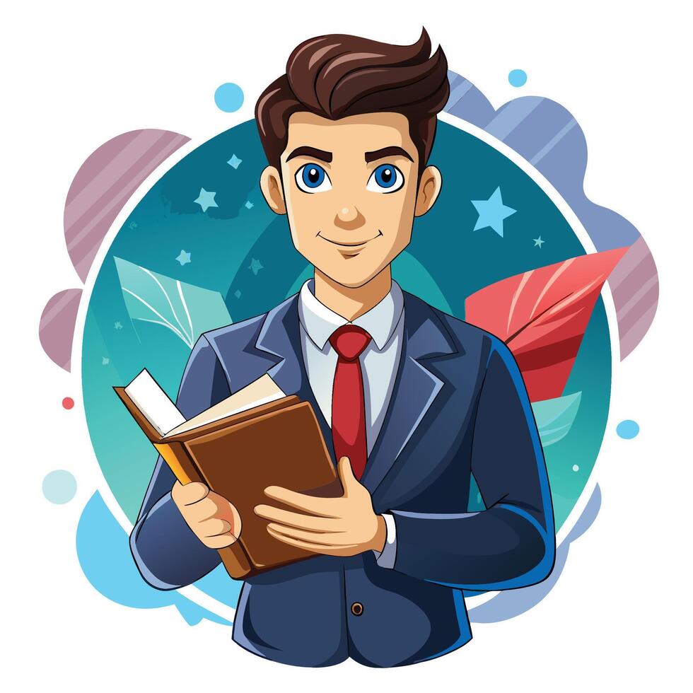 businessman in suit holding book and leaf vector