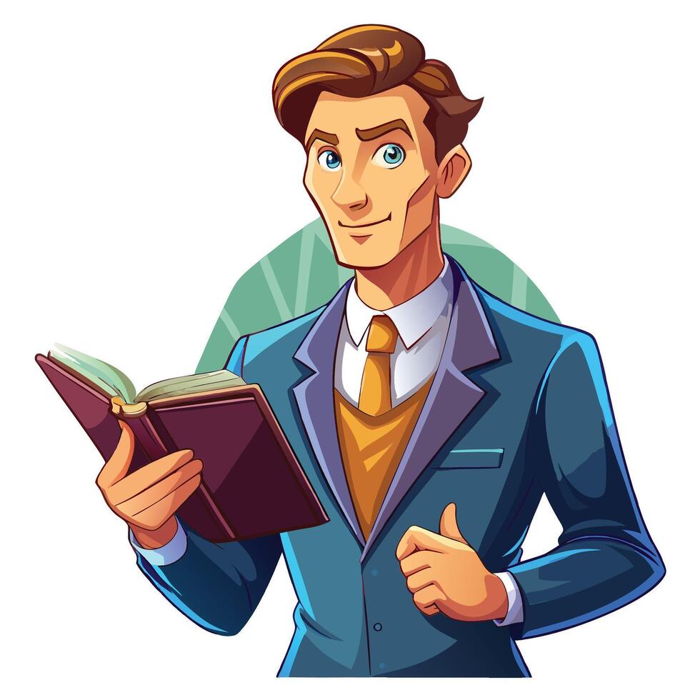 cartoon man in suit holding a book vector
