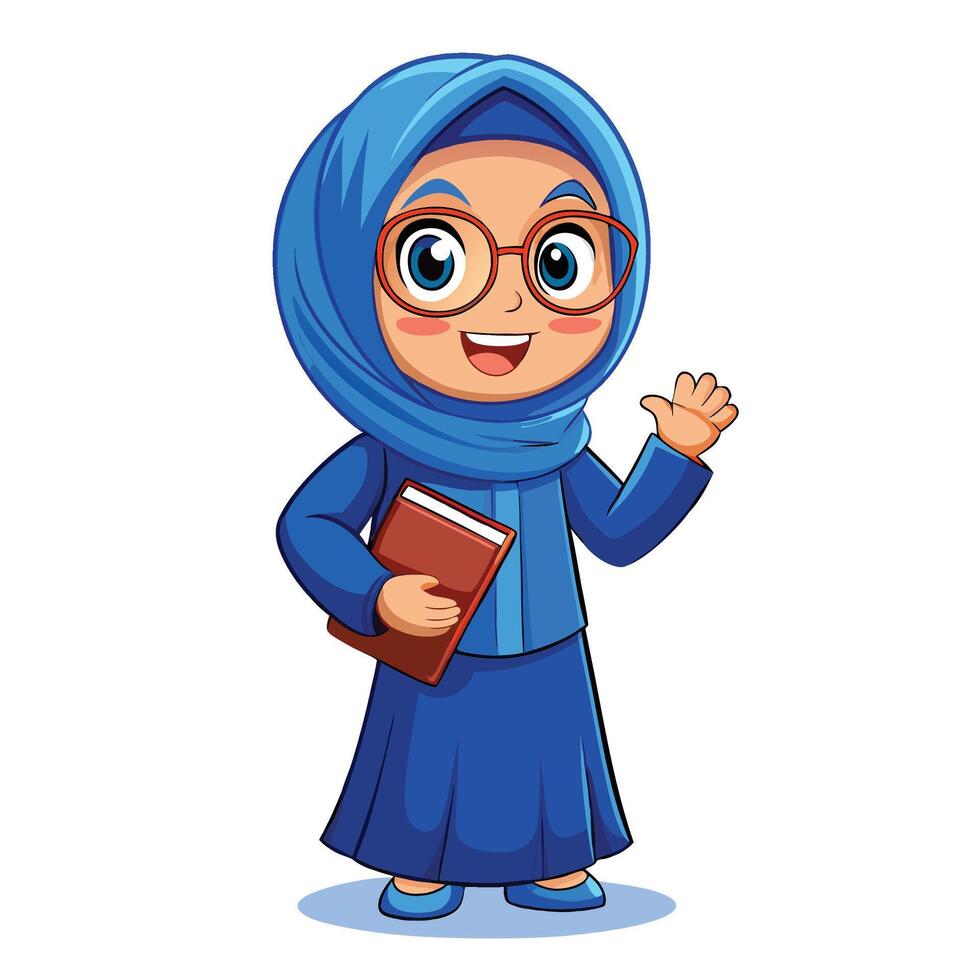 muslim girl in hijab and glasses holding a book vector