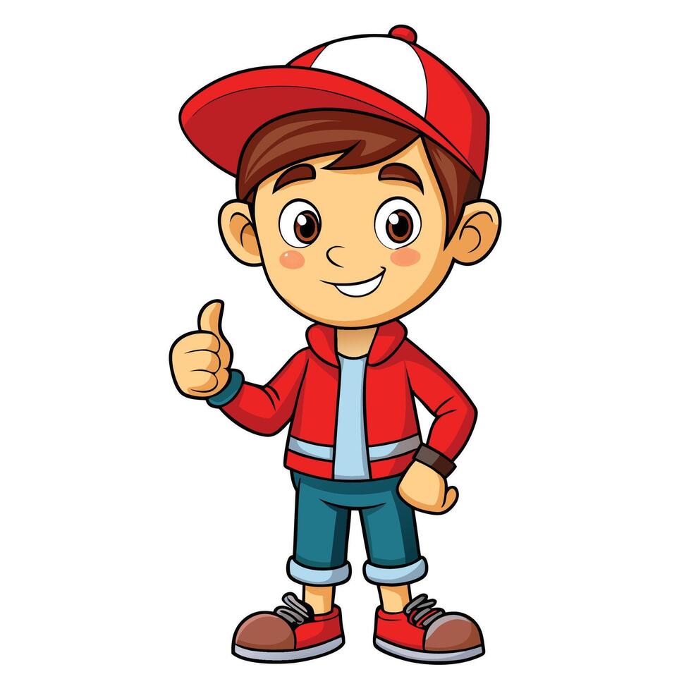 cartoon boy in red cap and jeans showing thumbs up vector