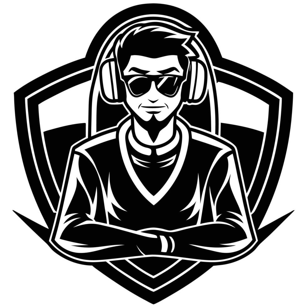 a man wearing headphones and sunglasses in front of a shield vector