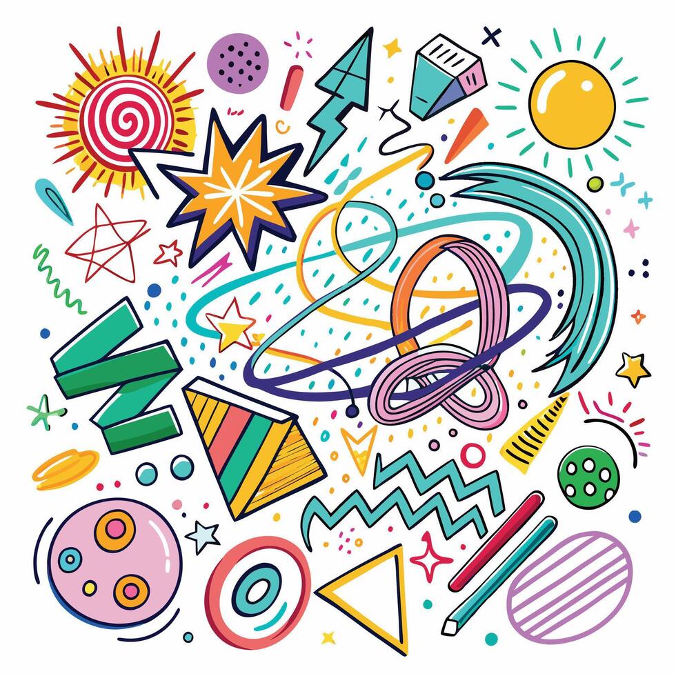 a colorful drawing of various objects and symbols vector