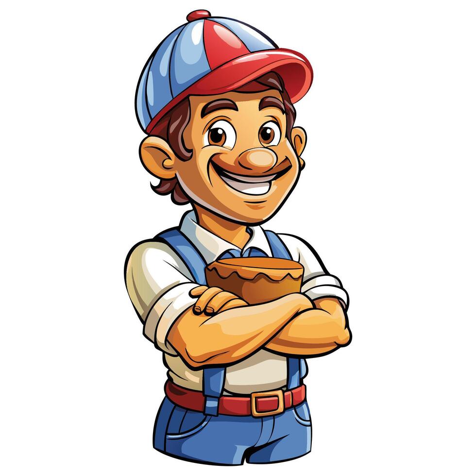 a cartoon man holding a pie in his hands vector