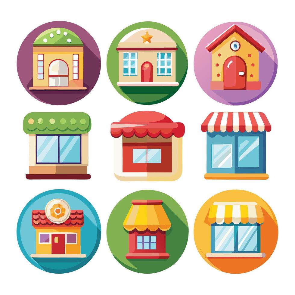 flat icons of different types of buildings and stores vector