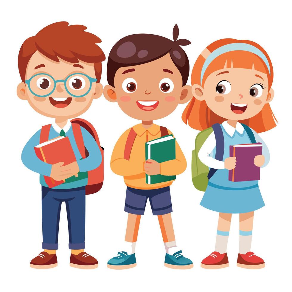 three children with books and backpacks vector