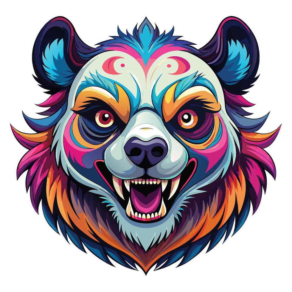colorful panda head with fangs and horns vector