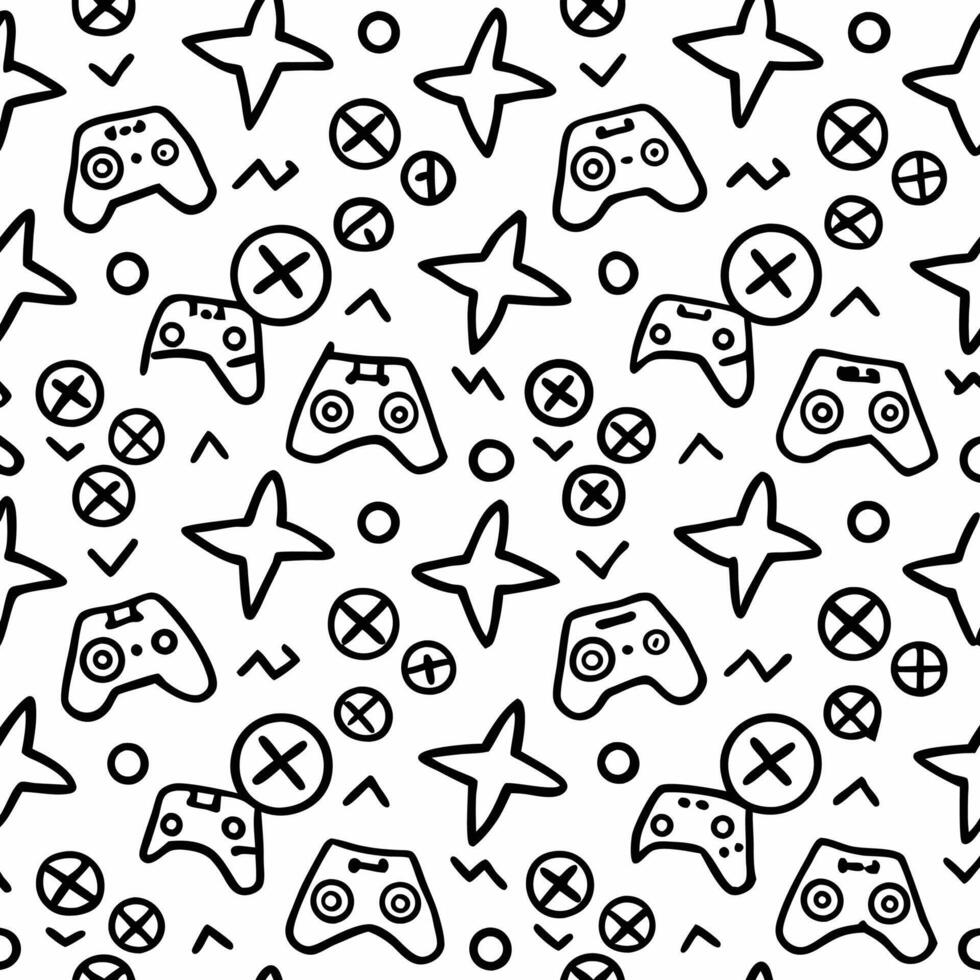 a black and white pattern with game controllers and other items vector