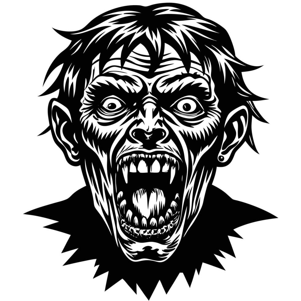 a black and white illustration of a scary zombie head vector