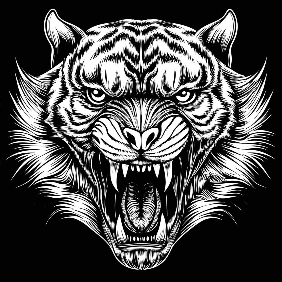 a tiger head with its mouth open in a black and white design vector