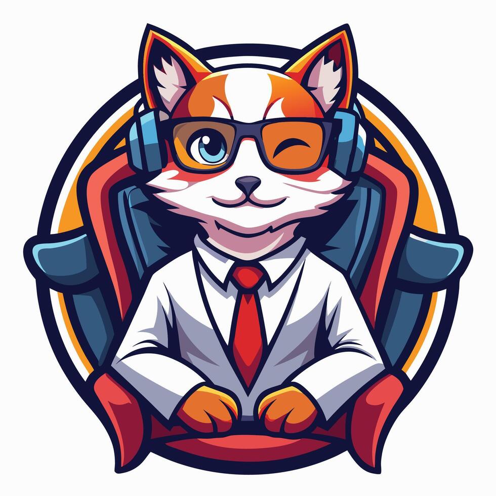 a cartoon cat wearing glasses and a tie sitting in a chair vector