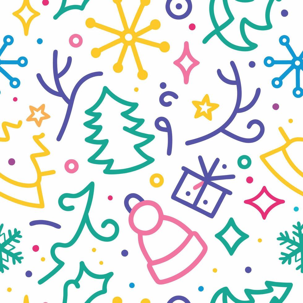 christmas seamless pattern with snowflakes, trees and other holiday items vector