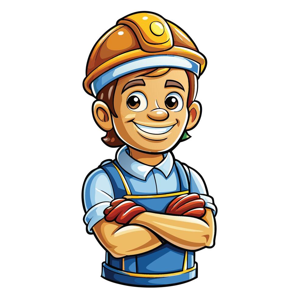 cartoon construction worker with arms crossed illustration vector