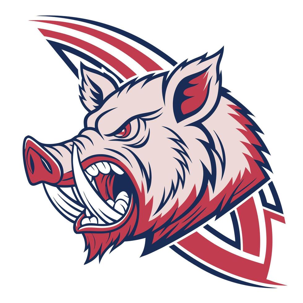 an angry boar head with a red and blue striped background vector