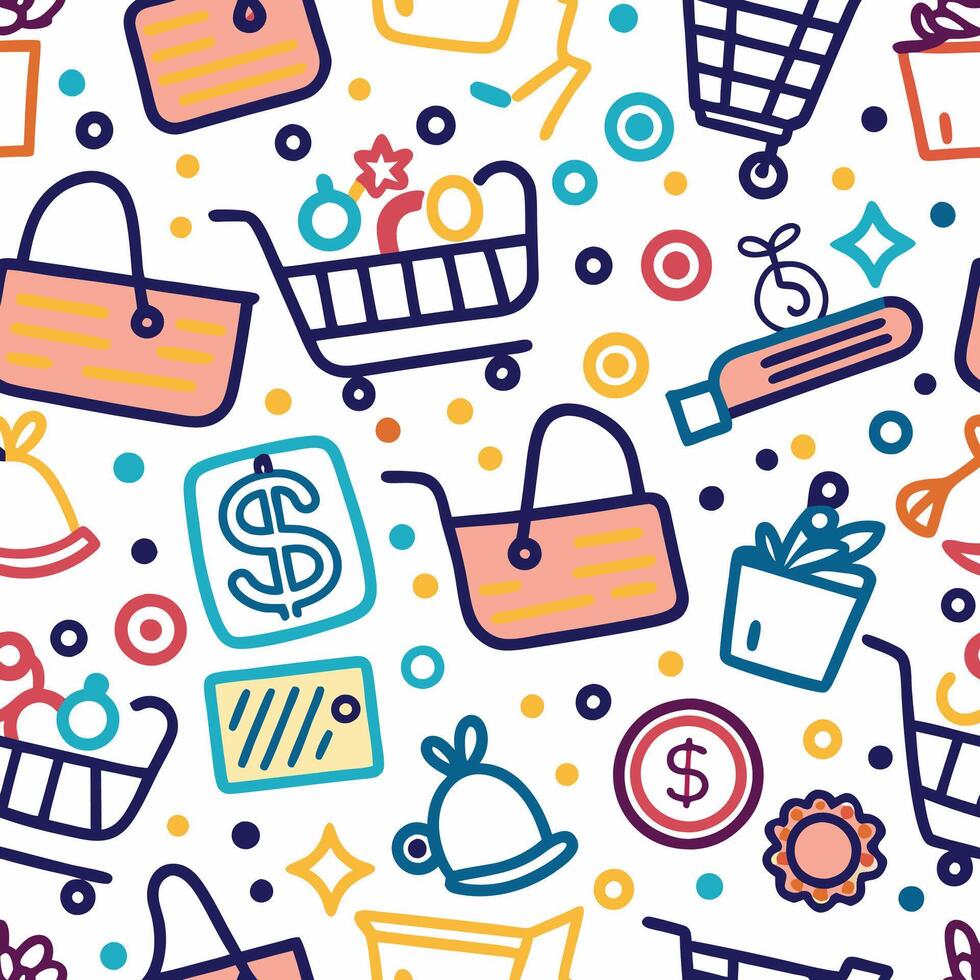 shopping seamless pattern with shopping cart, shopping bags and other items vector