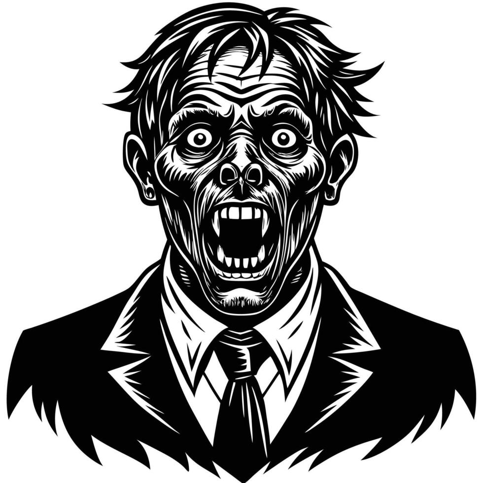 a black and white illustration of a zombie man in a suit vector