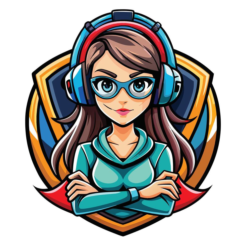 a girl gamer avatar with headphones and glasses vector
