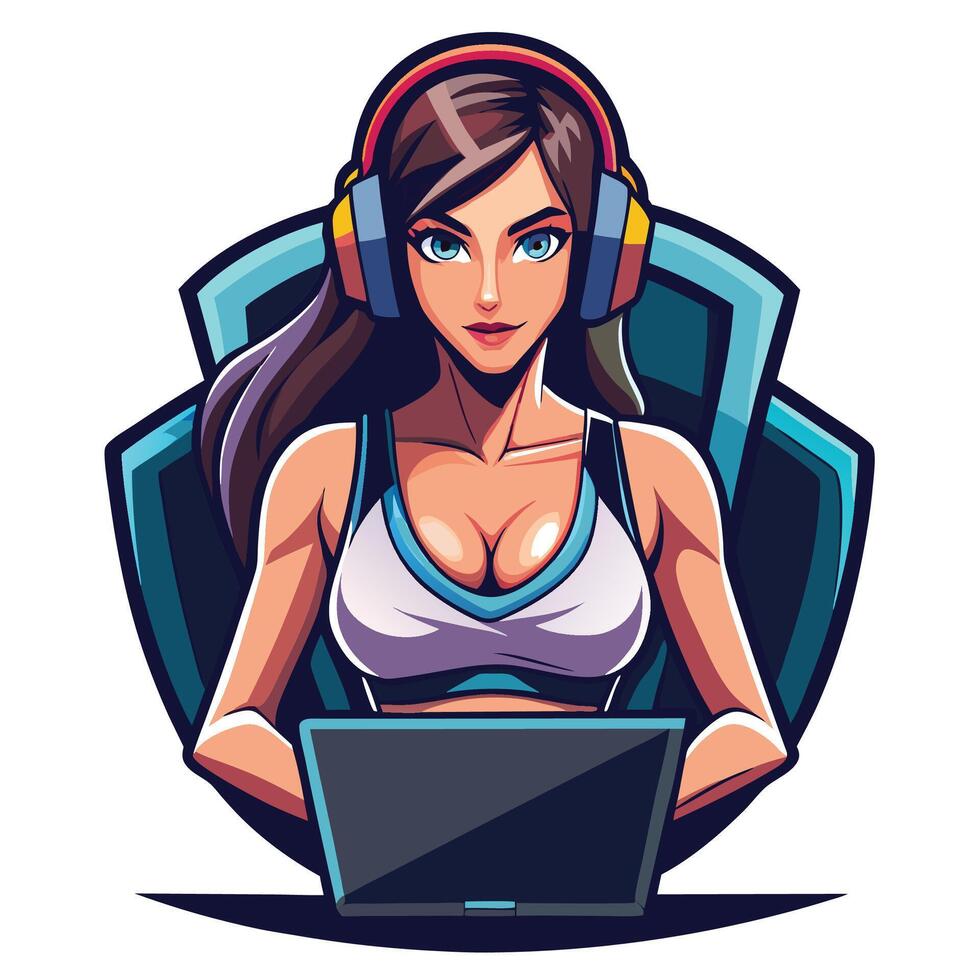 a woman in headphones sitting on a laptop vector