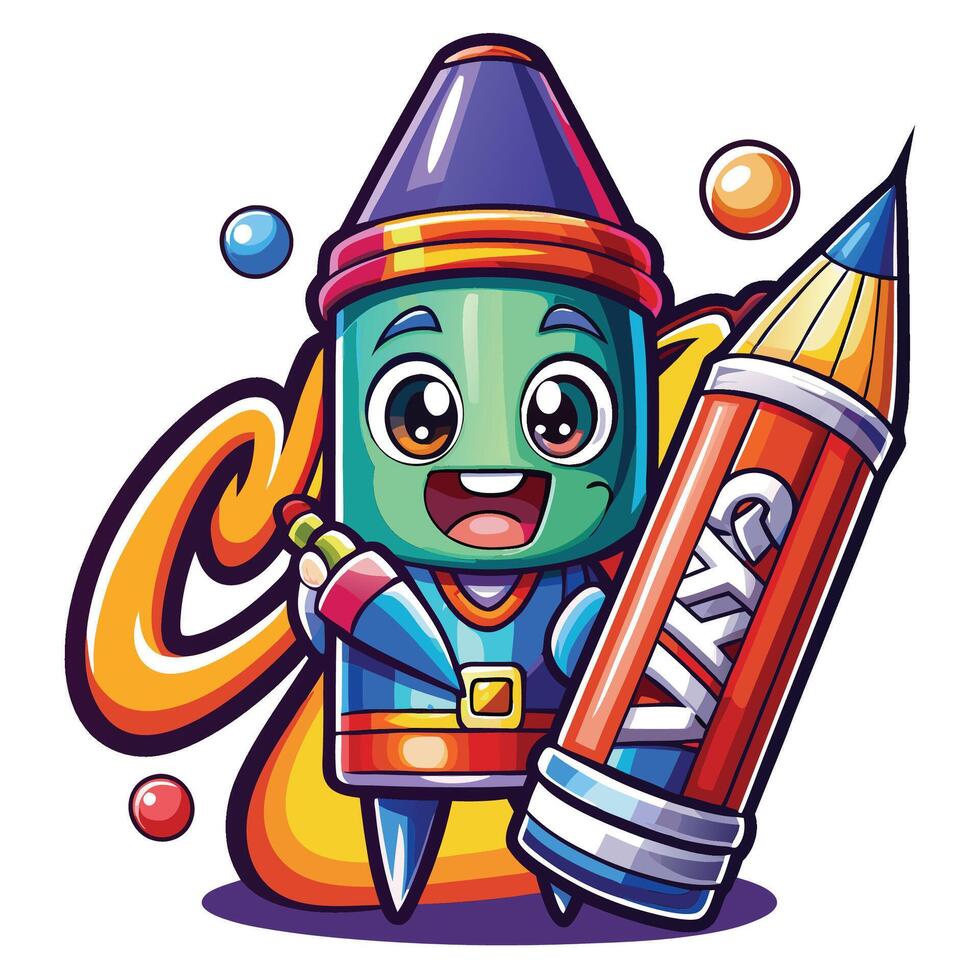 crayon character holding a pencil and a crayon vector
