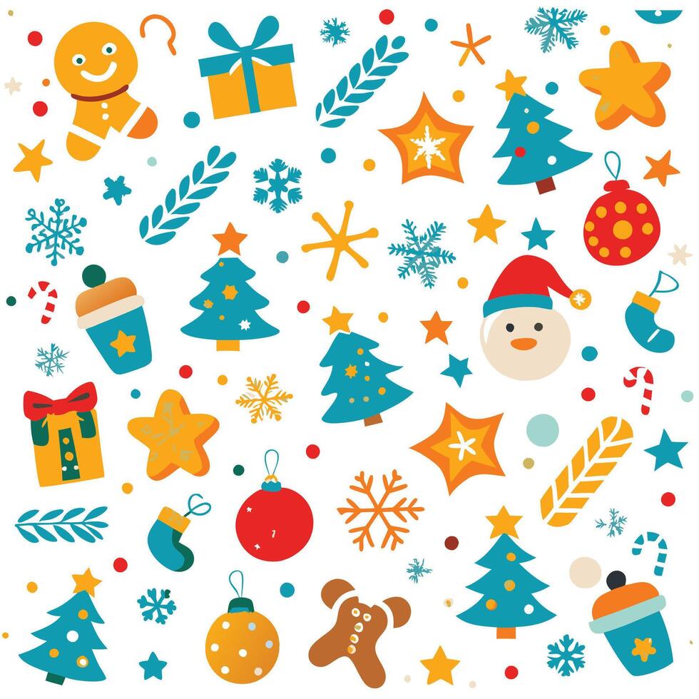christmas seamless pattern with snowflakes, santa claus, and other items vector