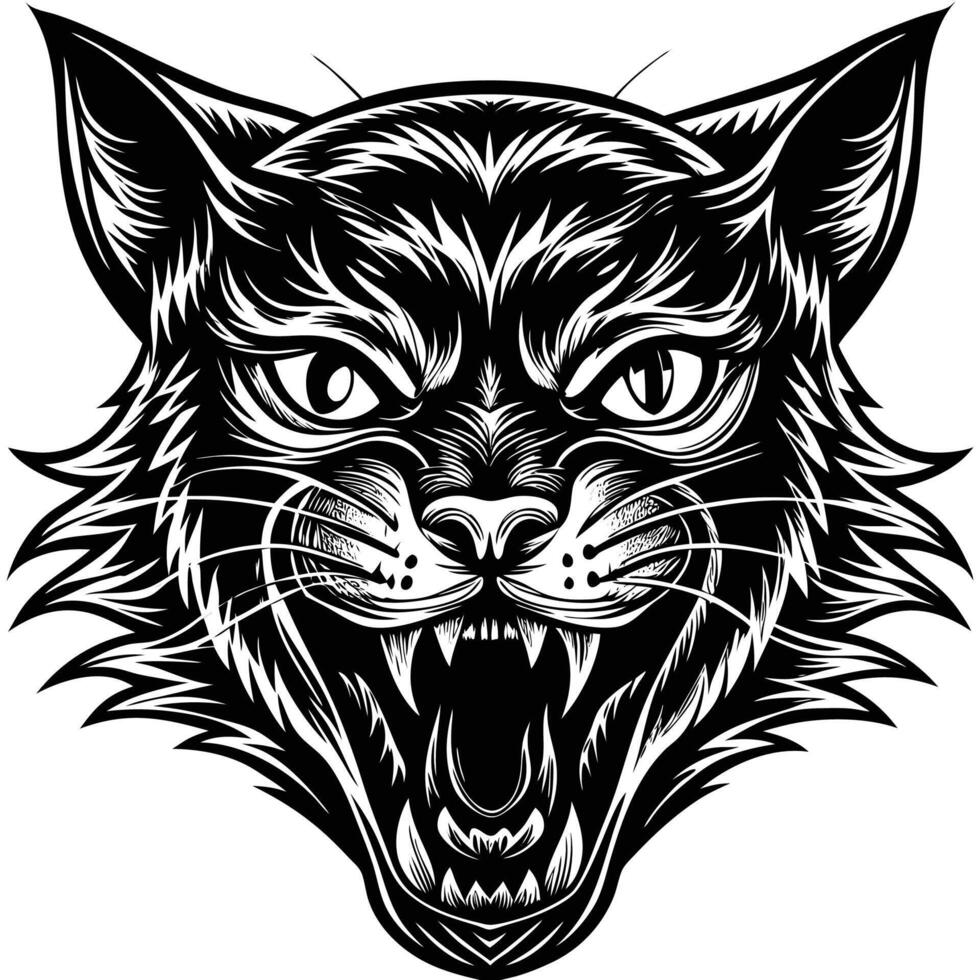 a black and white illustration of a cat head vector