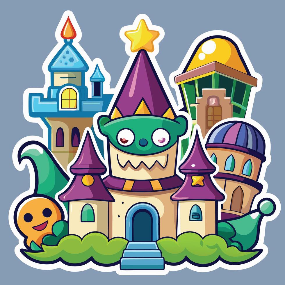 cartoon illustration of a castle with monsters and other objects vector