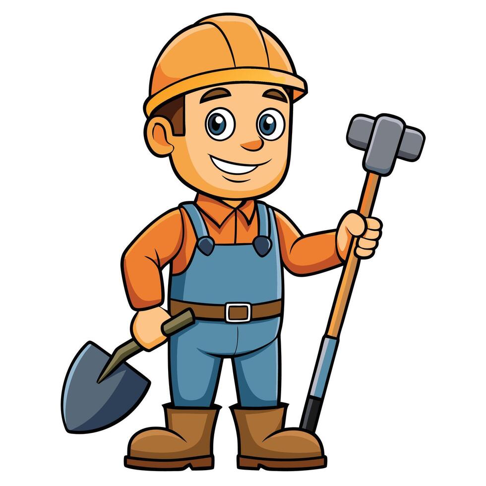 cartoon construction worker holding a shovel and a pick vector